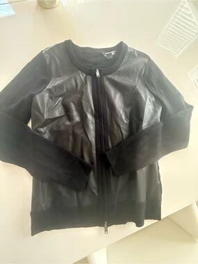 DKNY Black Faux Leather Front Zip Cardigan Jacket